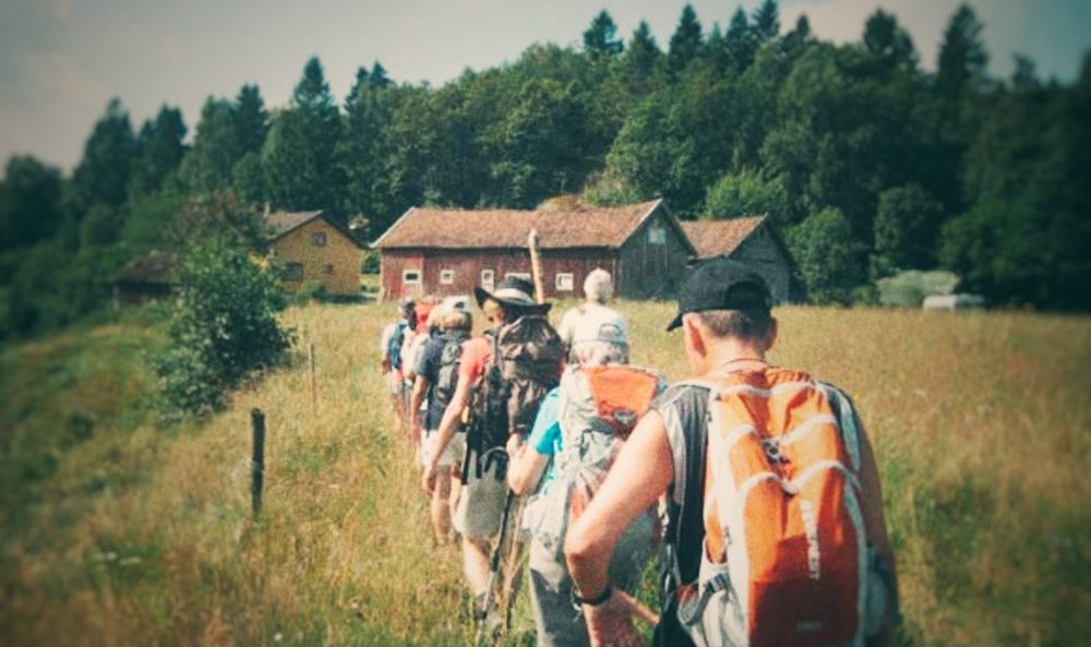 A group of pilgrims walking over a field on a sunny summer day